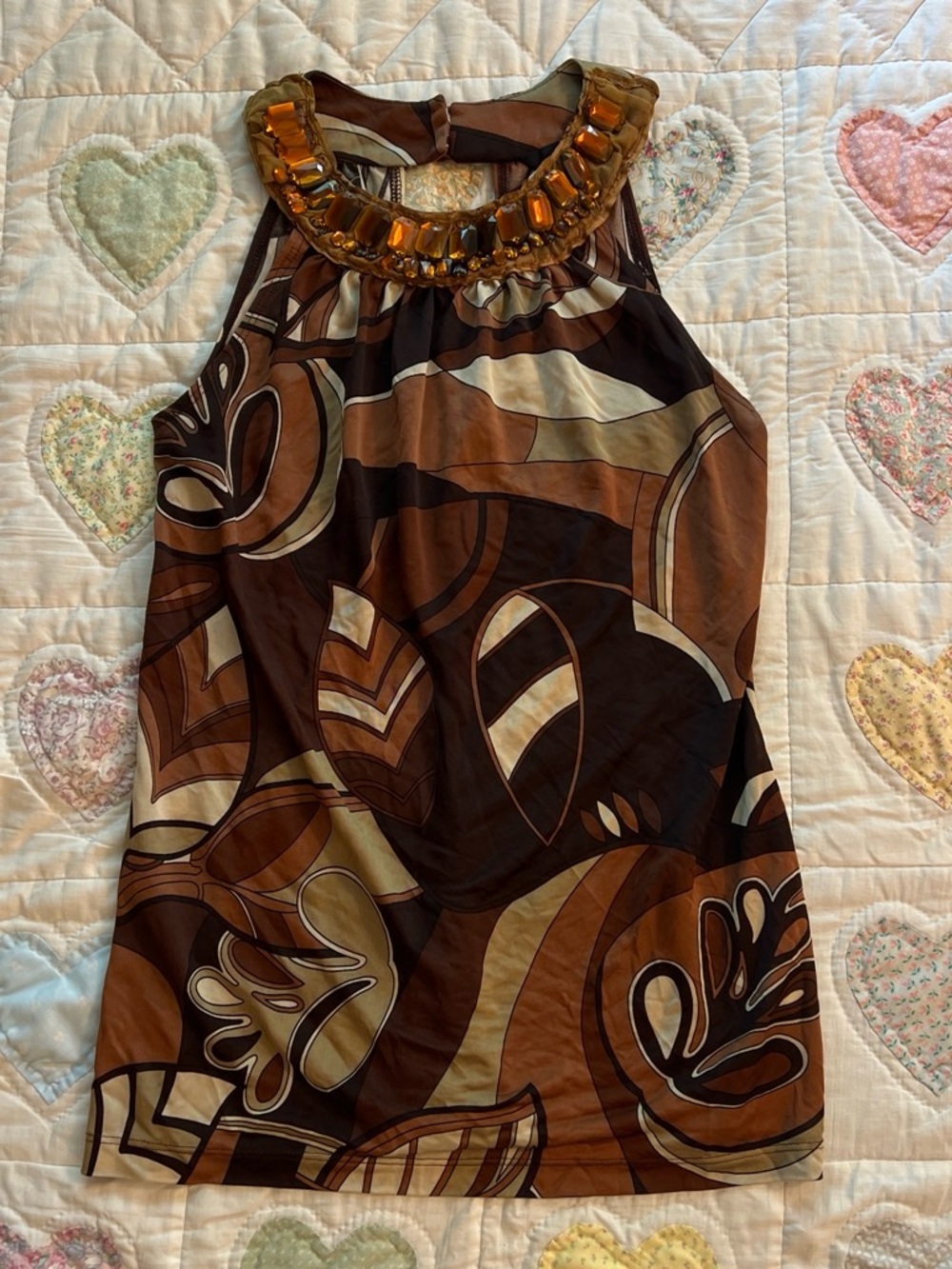 Zinc Brown and beige abstract Y2K party girl leaf-like pattern top beaded medium
